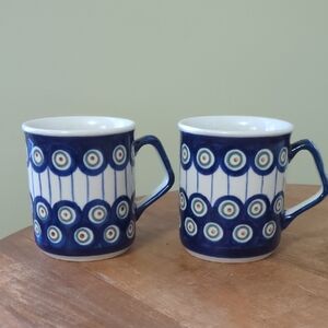 Two Traditional Peacock Pattern Boleslawiec Polish Pottery Coffee Mugs
